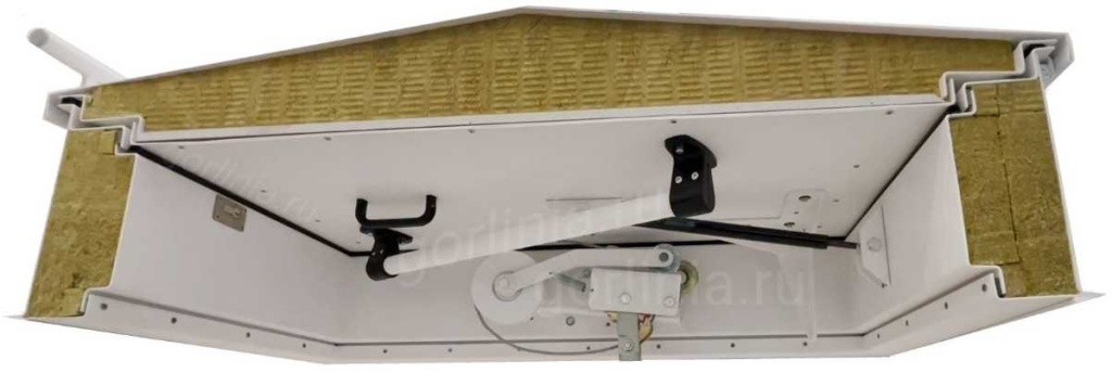 Люк выхода на кровлю Небоскреб общий вид в разрезе крышка с противопожарной минеральной ватой, огнеупорным ГКЛ, поручнем.